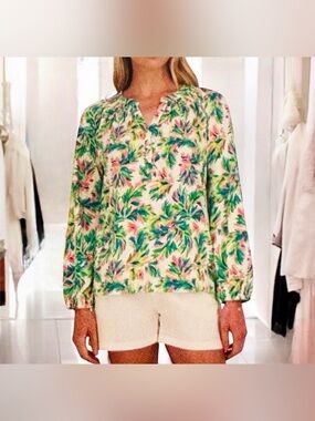 🩷💚Stella Parker XL Tropical Floral Peasant Blouse Smocked Long Sleeve Top EUC